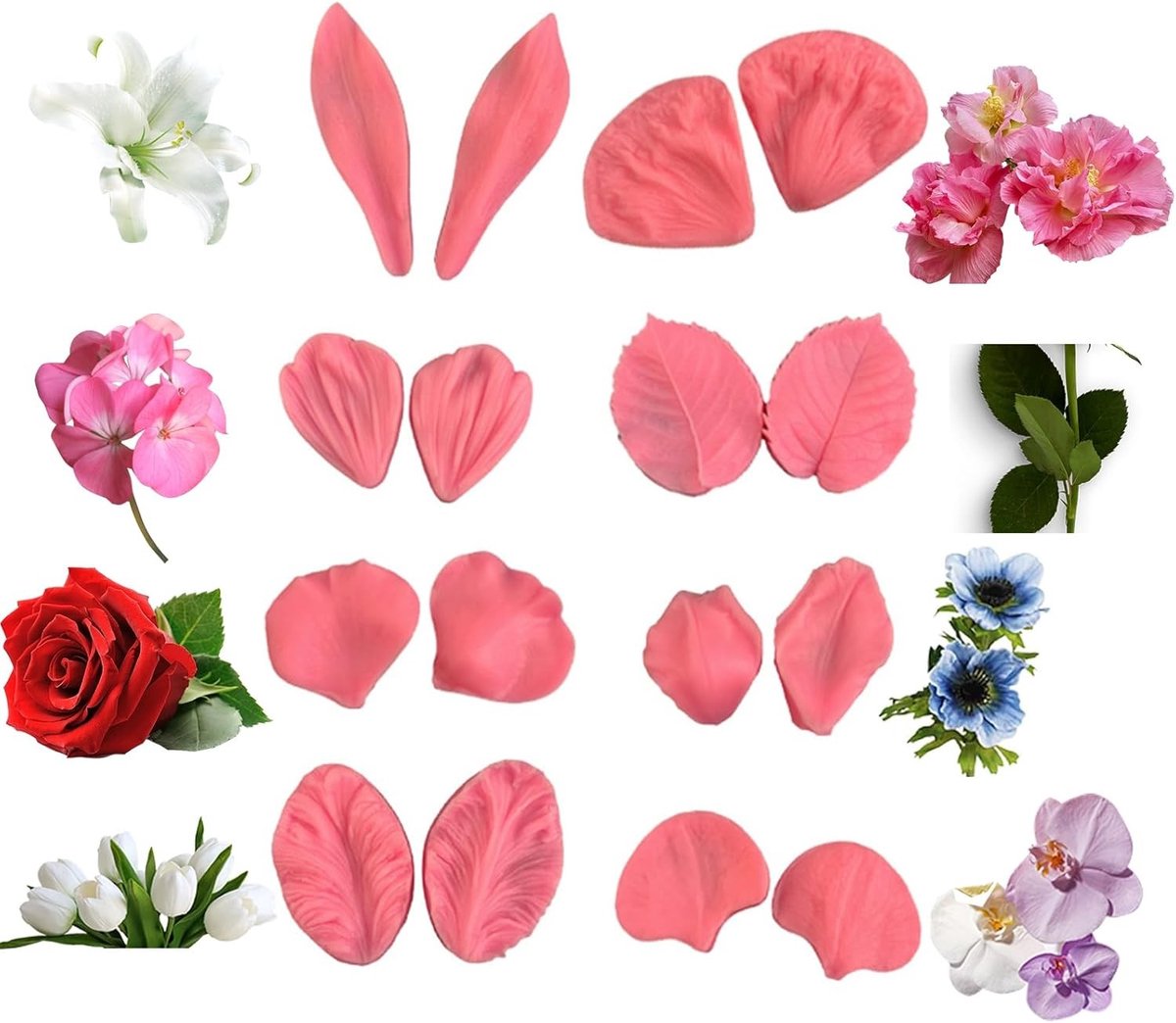 16-delige siliconen malset voor orchideeënbloemblaadjes - Tulpen, pioenrozen en rozen voor fondant, suikerpasta en marsepein creaties