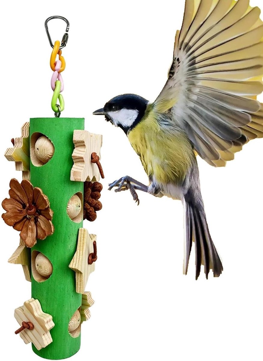 Vogel Kauwspeeltje - Houten Vogelspeelgoed - Snavelonderhoud Bevorderen - Natuurlijke Houtconstructie - 26.4 cm - Groen