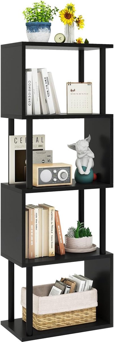 5-Tier Hoge Boekenplank, S-Vormige Geometrische Boekenkast, Zwarte Houten Displayplanken voor Woonkamer, Slaapkamer en Thuiswerkplek met Opslagruimte en Industrieel Design