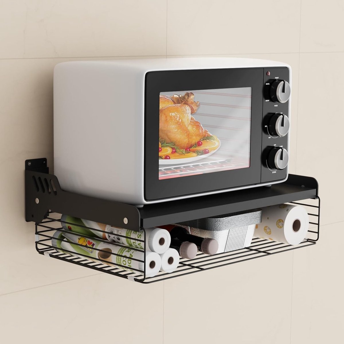 Hanging Magnetronrek met 2 Laagse Opslagmanden voor Muurmontage - Zwart 55 x 35 x 11 cm, Ruimtebesparend en Functioneel Keukenaccessoire