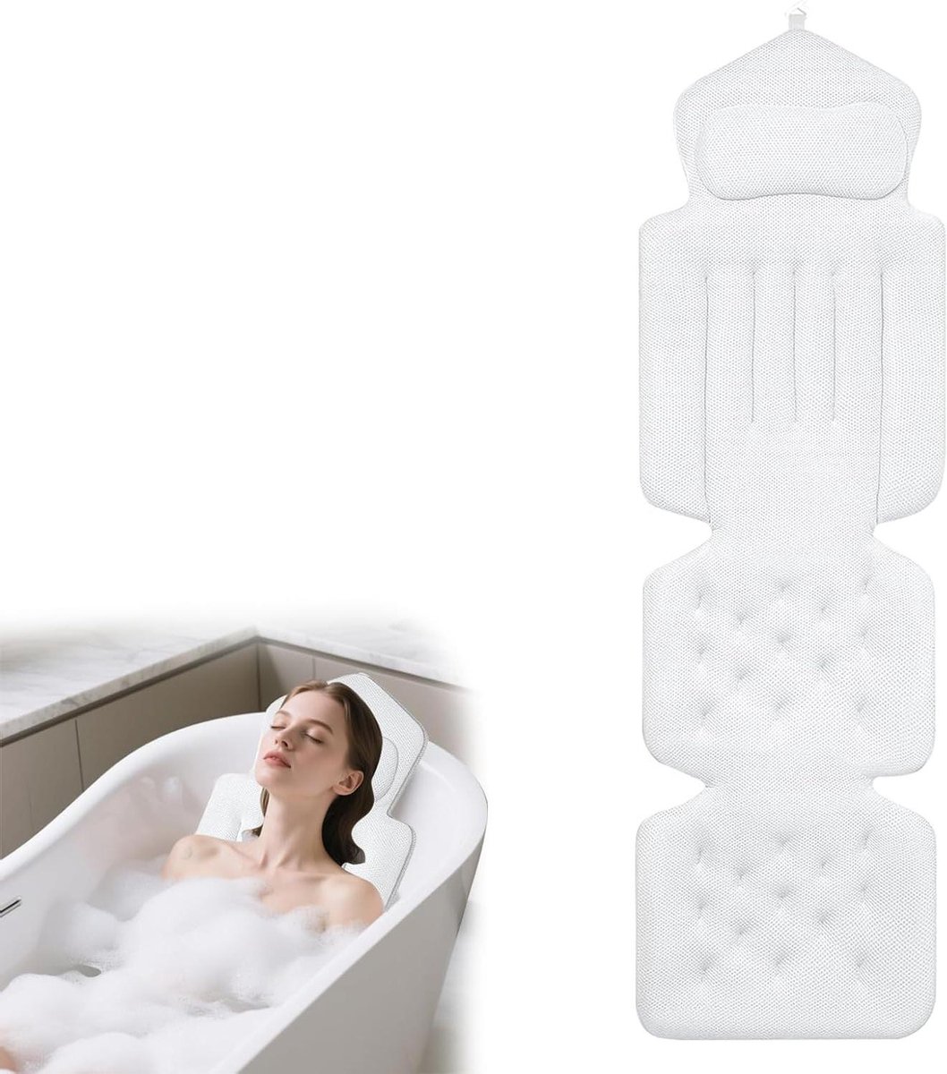 Badkussen Lichaam - Badsteun Nek - Ontspanning in Bad - 3D Air Mesh - 134 x 41 cm - Wit