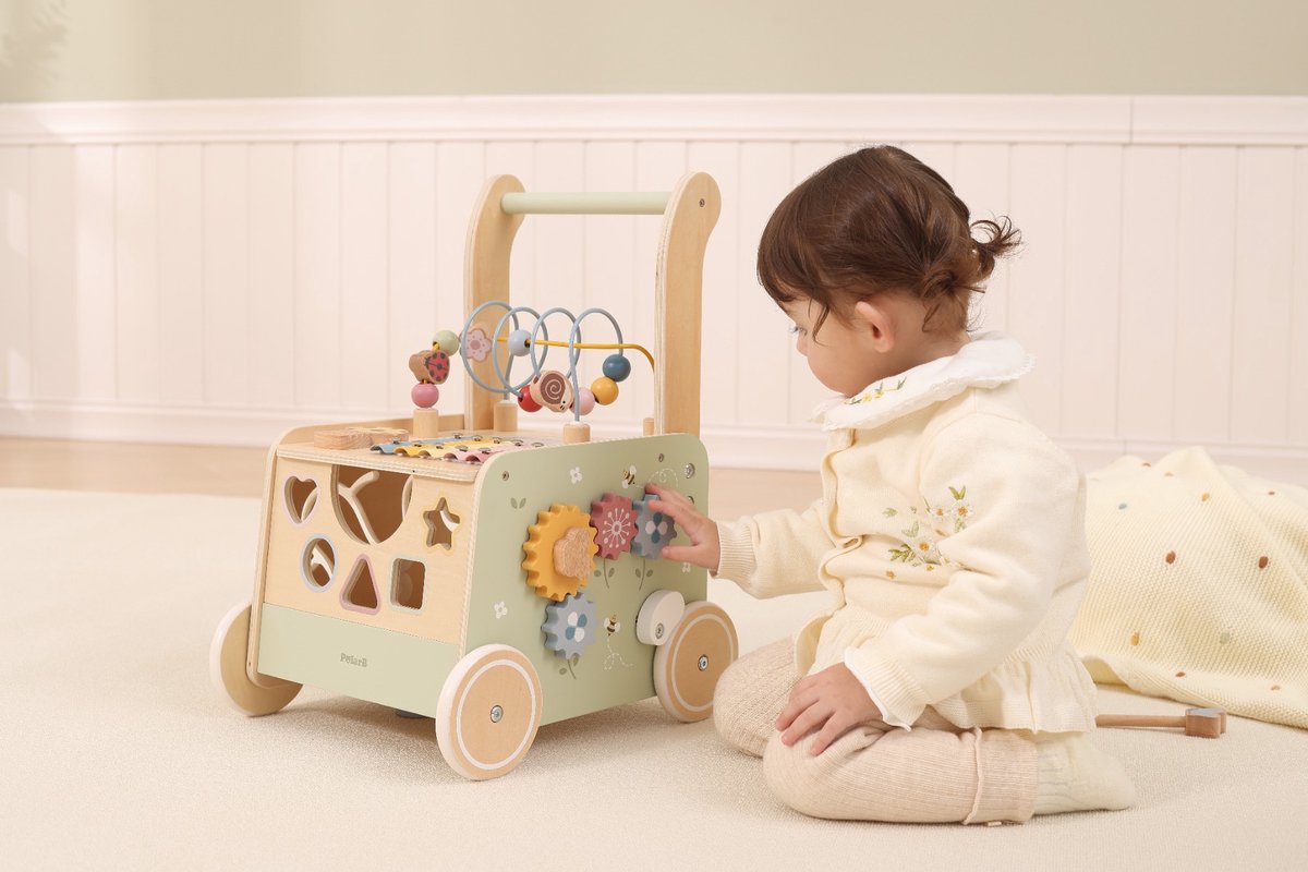 PolarB Houten Loopwagen met Activiteiten - Baby Walker met Blokken, Kralenbaan, Vormenstoof en Muziekinstrument - Educatief Speelgoed vanaf 12 Maanden – foto 6