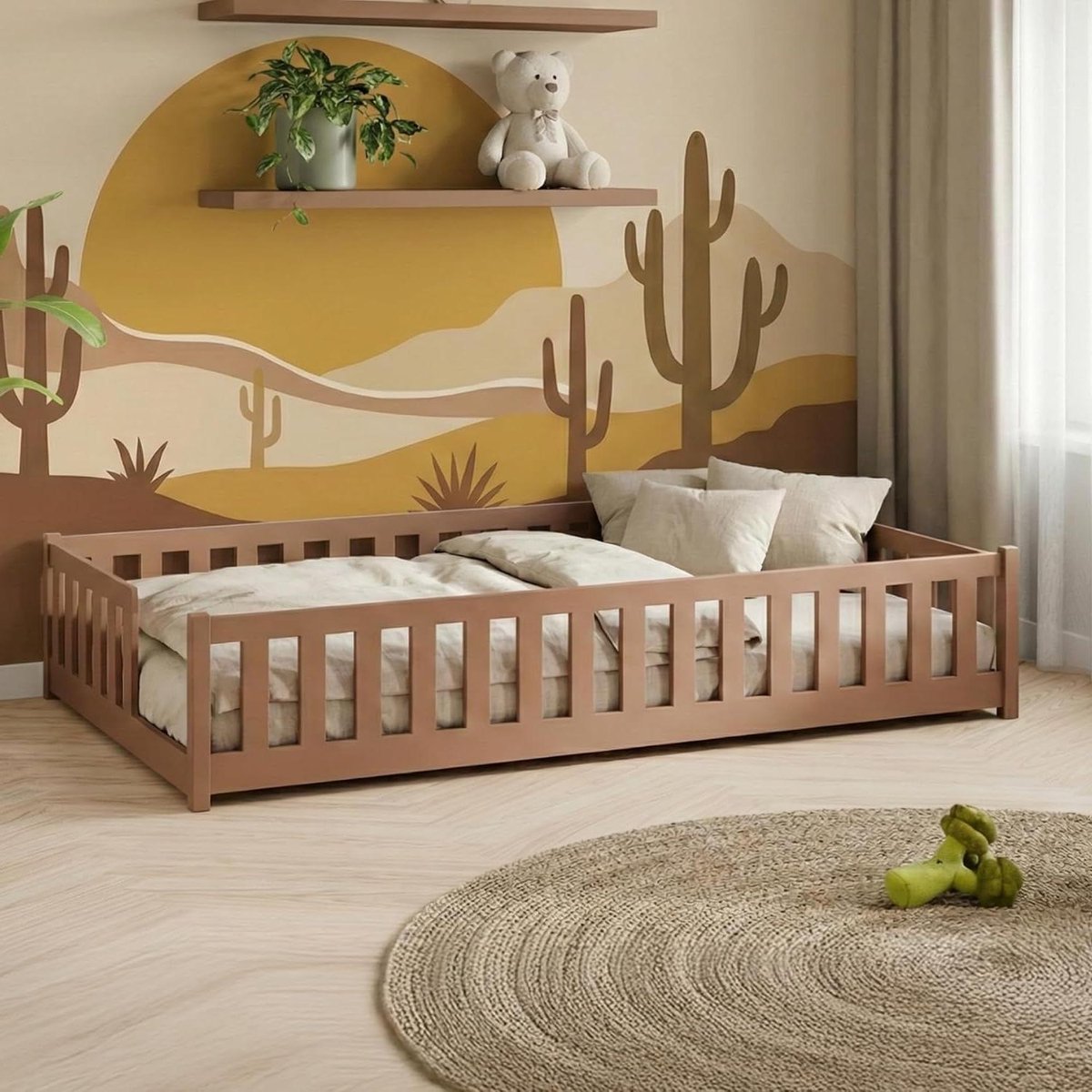 Kinderbed Montessori - Vloerbed Tienerbed - Zelfstandig Slapen - Valbeveiliging Geïntegreerd - 80 x 160 cm - Kaneel