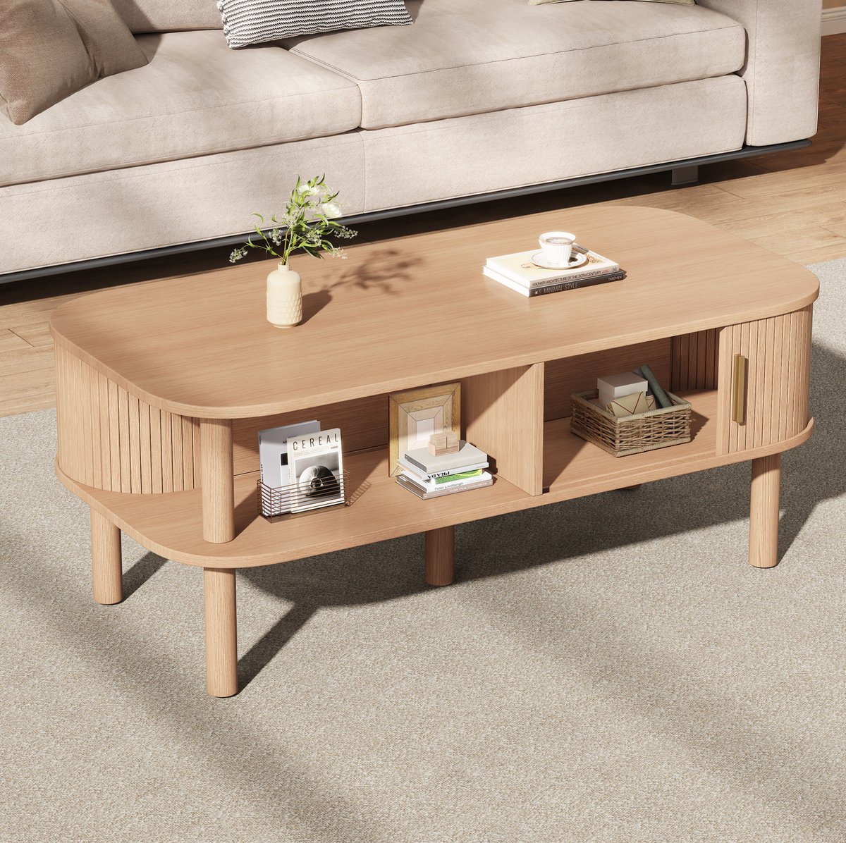 DESMIU Salontafel - Scandinavisch Design Met Schuifdeur En Open Opbergvakken - Voor Woonkamer En Balkontafel - MDF - Natuurlijk - 110x55x45 Cm