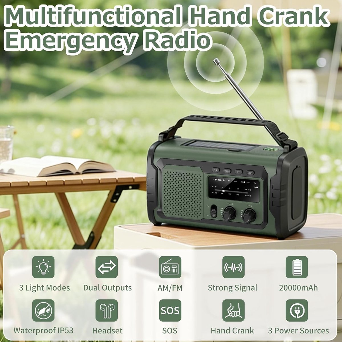 Noodradio solar en opwindbaar - Groen - 27000 mAh - Noodradio met Powerbank, LED Zaklamp en Bluetooth - Voor Outdoor en Thuisgebruik