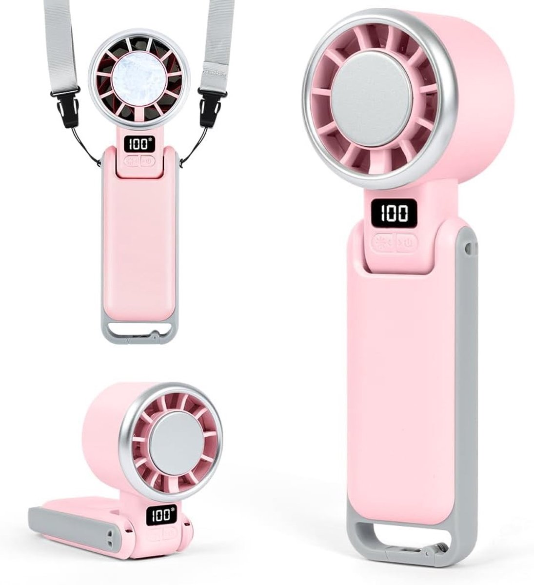 Nekventilator - Roze - Met draagkoord - Opvouwbare handventilator met 5 snelheden - Voor reizen en dagelijks gebruik