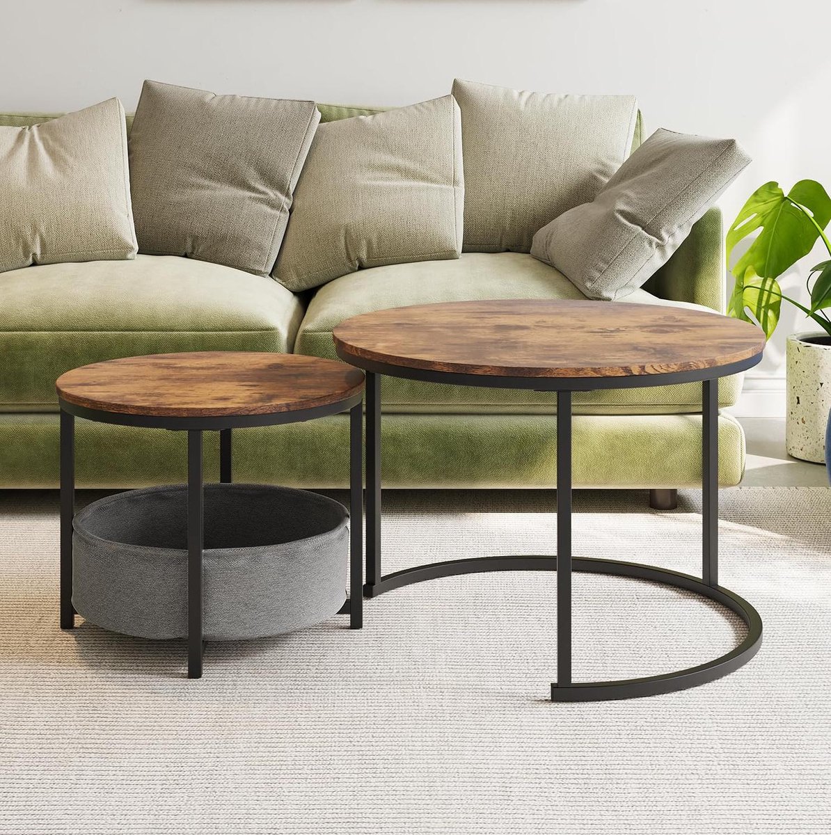 DESMIU Salontafel - Rond 2-Delig Nestbaar Design Met Opbergtas - Industrieel Voor Woonkamer - Metaal En Hout - Antiekbruin