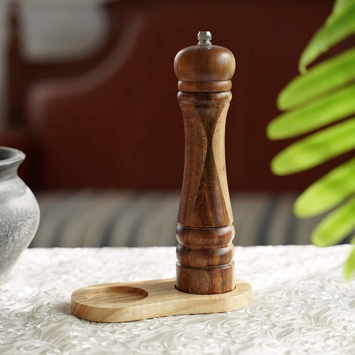 Nootmuskaatmolen - Acaciahout - 21 cm Hoog - Harde Keramische Molen - Voor Keuken en Tafel