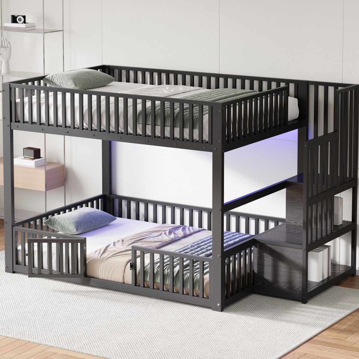 COVREO Stapelbed 140x200 cm zwart, met LED en opbergladder van metaal en MDF