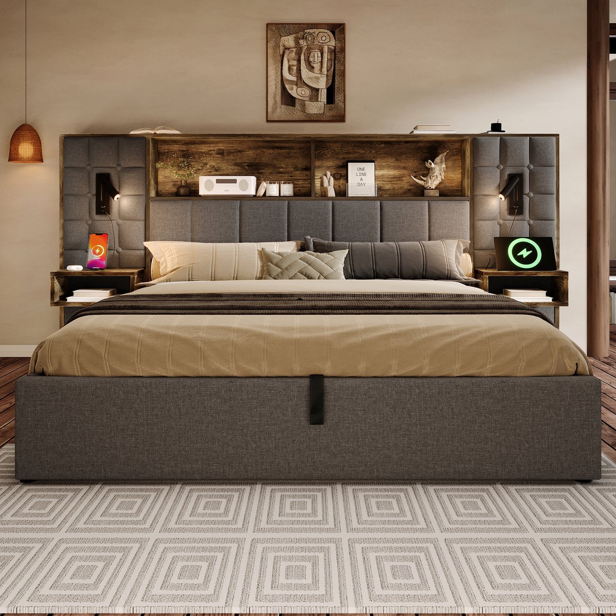 Wishdor Bed 180x200 cm - opbergruimte - ledverlichting - leeslampen - geïntegreerde nachtkastjes - usb-c - linnenlook - grijs