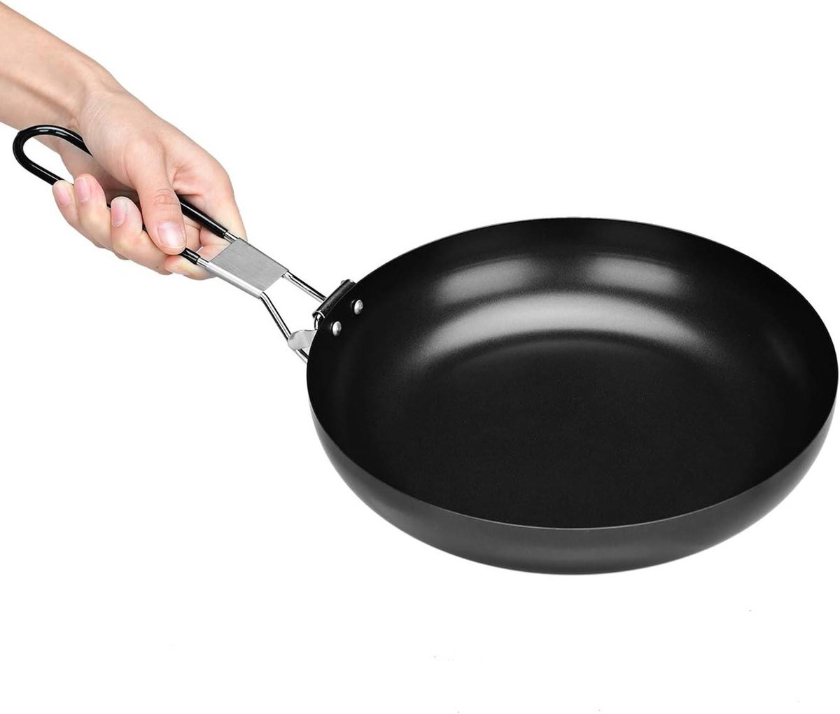 Campingwok Platte Bodem - Koekenpan Buiten - Outdoor Koken - Opvouwbaar Handvat - 24 cm Diameter - Zwart