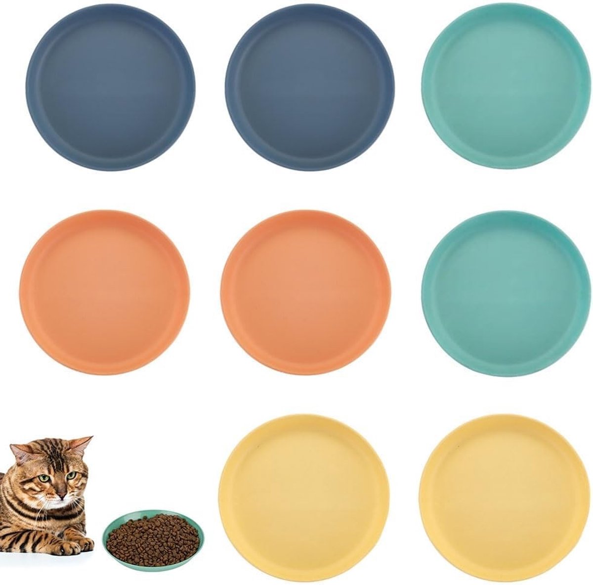 Set van 8 kattenvoerbakken en kattenbakken - Ronde voer- en drinkbakken voor droog en nat voedsel in 4 kleuren, ideaal voor huisdieren