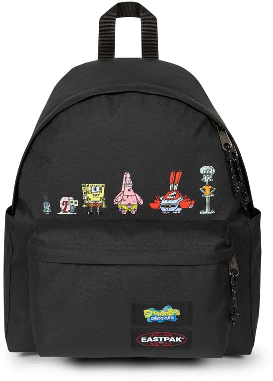 Zwarte Eastpak rugzak met Spongebob-personages aan de voorkant.