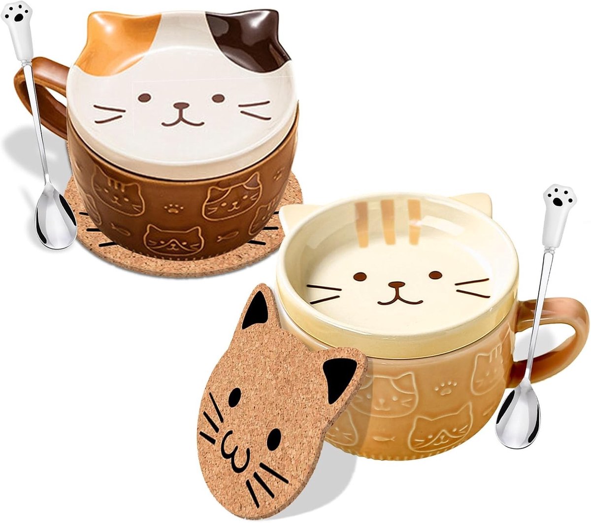 Schattige Kawaii Kat Koffiemokken met Deksel - Leuke Verjaardagscadeaus voor Vrouwen - Grappige Keramische Theekopjes - Set van 2 voor Dierenliefhebbers en Kattenfans