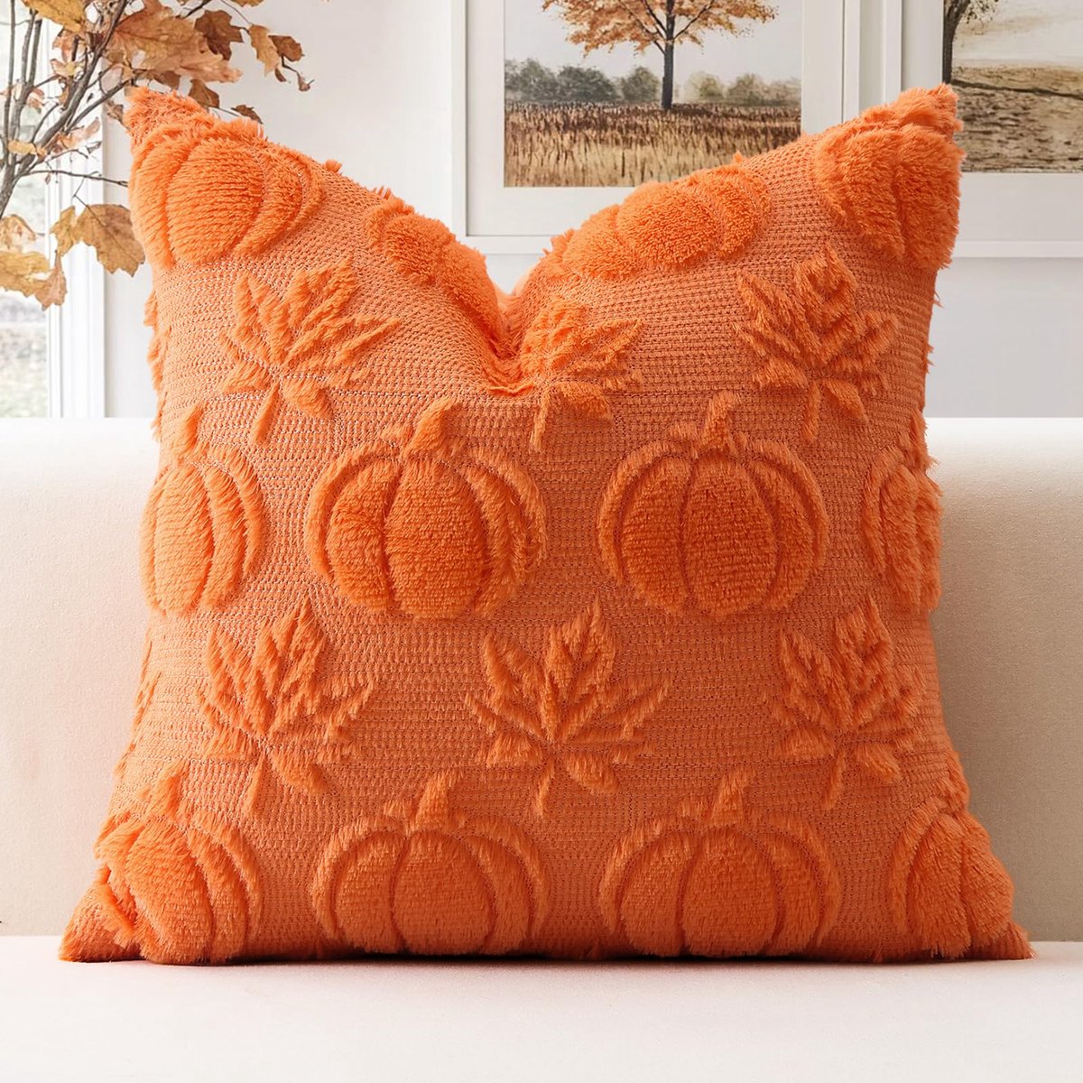 Kussenhoes met pompoen en ahornbladeren, 40x40 cm, oranje
