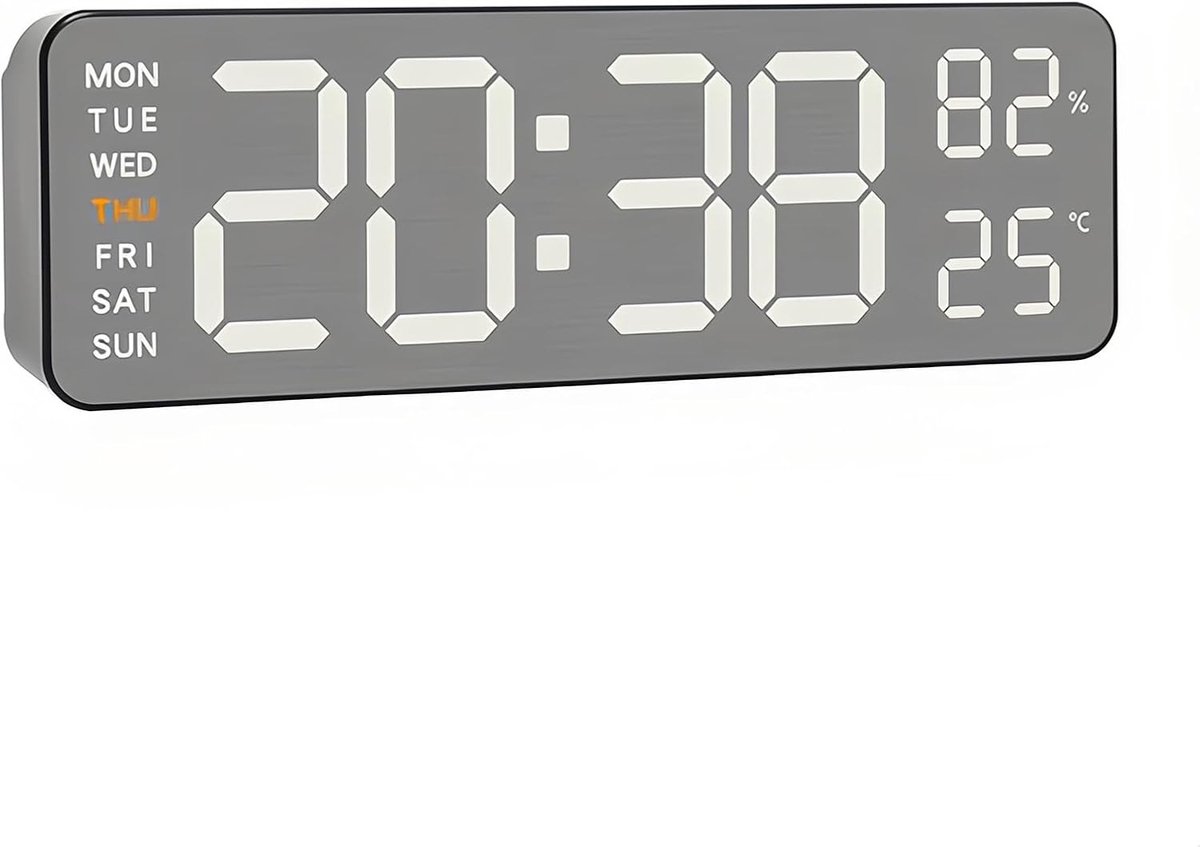 Moderne Digitale Wandklok van Geborsteld Metaal met Temperatuur- en Vochtigheidsmeting, 3 Helderheidsniveaus, Automatische Dimer, Datum, Dag van de Week en Dubbele Alarmfunctie
