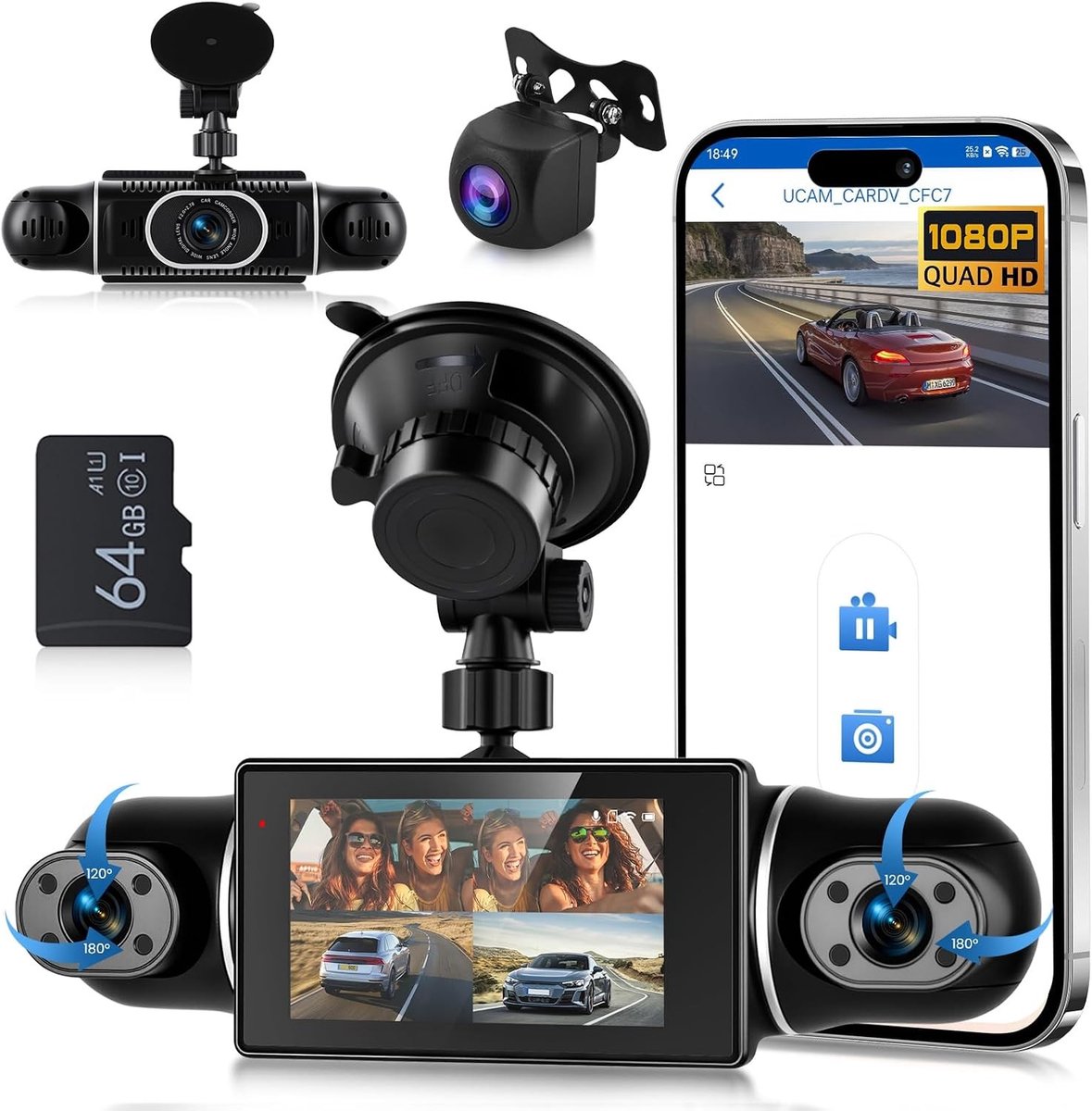 Dashcam voor auto - Zwart - 5 x 5 x 5 cm - 4-camera 360° met Nachtzicht en WiFi - Voor Veilig Rijden