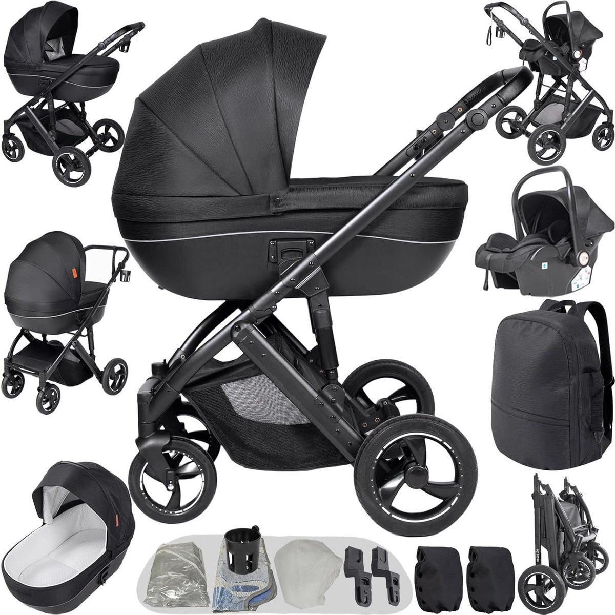 Trio Kinderwagen - 3-in-1 Pram - Baby Vervoer - Verstelbaar Zonnescherm - 60 x 100 x 50 cm - Zwart