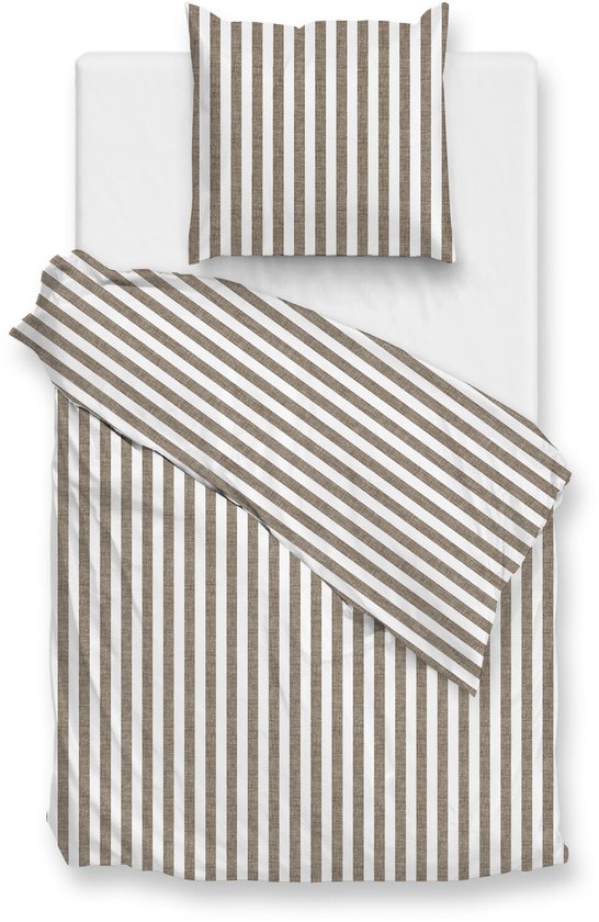 Zohome Dekbedovertrek Banda-di-Lino - Bedlinnen met Strepen - 200x200-220 cm - Taupe - Dekbedhoes van 100% Katoen — afbeelding 2
