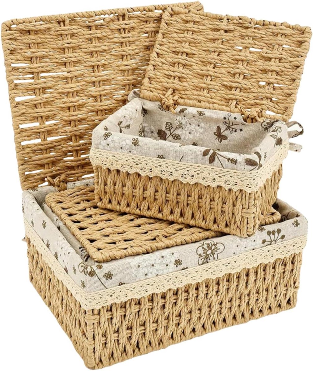 Rieten mand - Opbergmanden met deksel - Huis organiseren - Handgeweven rotan kunst - 3-delige set - Natuurlijk