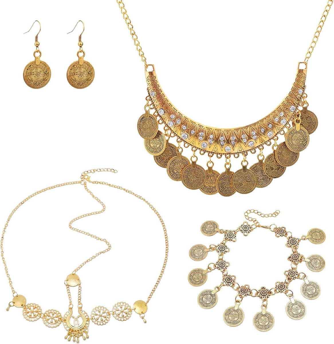 Boho stijl buikdans kostuumset met kettingen, gouden hoofdsieraden, armband en oorbellen voor themafeesten en carnaval
