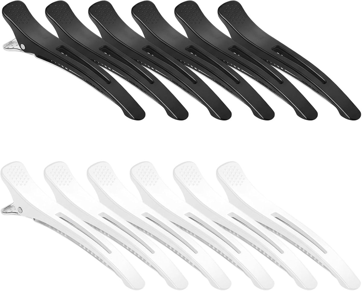 Professionele Haarklemmen voor Kappers - Antislip Haarclips met Siliconen Band voor Haarstyling, Knippen en Verven (Zwart en Wit) - 12 Stuks