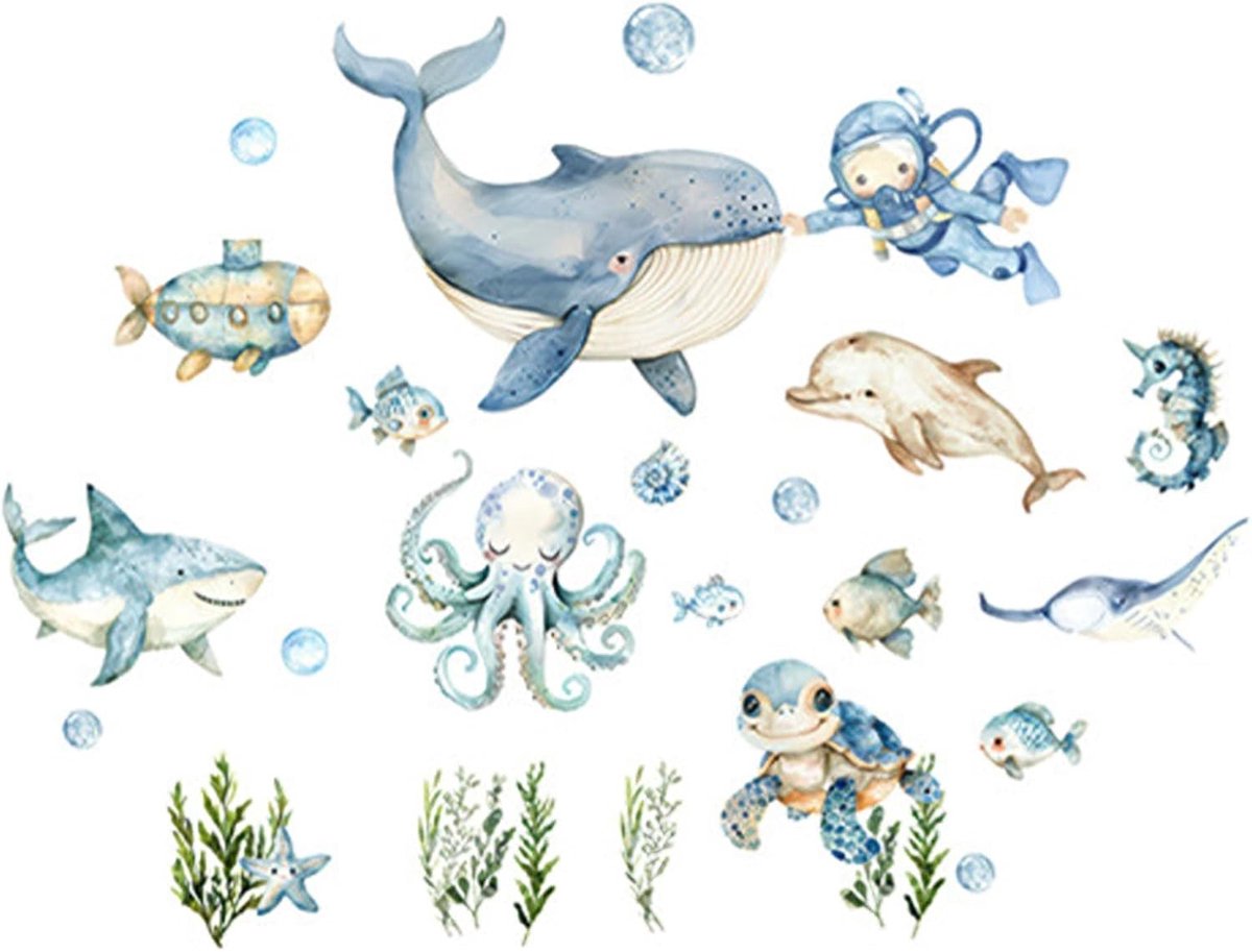 Muurstickers met Zee Dieren voor Kinderkamer, Decoratie voor Kinderen, Slaapkamer en Speelruimte (30 x 90 cm)