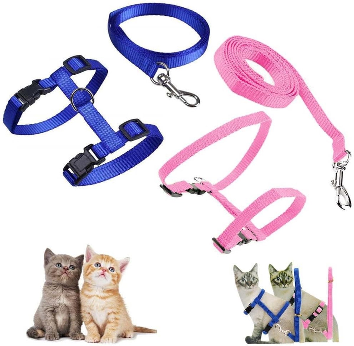 Kattenharnas - Blauw en Roze - Verstelbaar Nylon - Set van 2 - Voor Kittens en Kleine Huisdieren