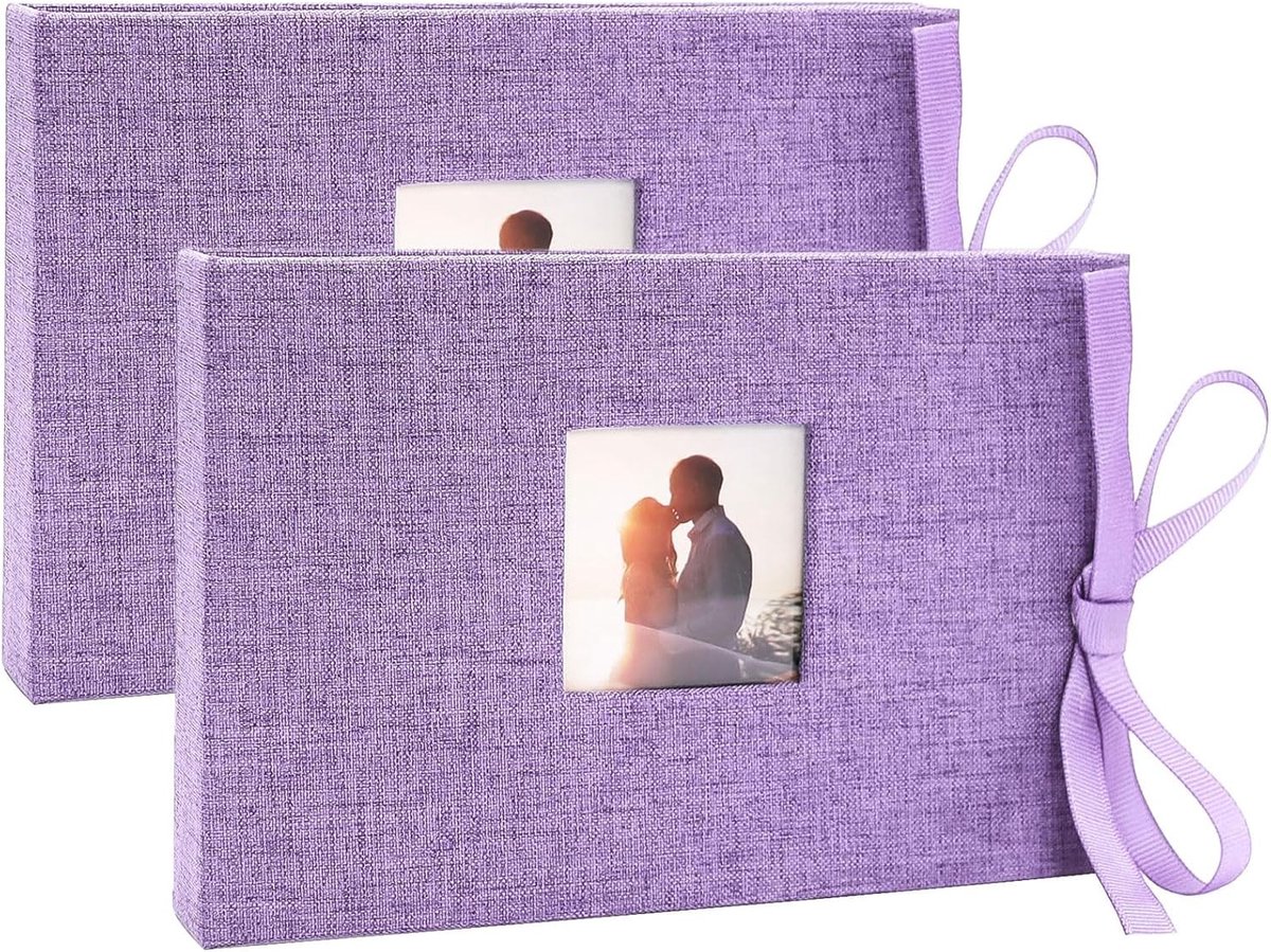 Klein 10x15 Fotoalbum – Mini Foto Boek met Transparante Compartimenten voor 52 Foto's, Postkaart Album met Linnen Cover, Set van 2 in Lila