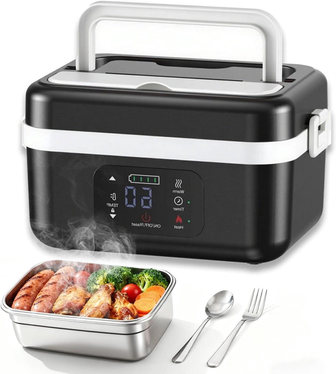 Elektrische Lunchbox - Voedselwarmer Draagbare Oven - Warme Maaltijd Onderweg - Draadloos met Batterij - 1 Liter - Zilver
