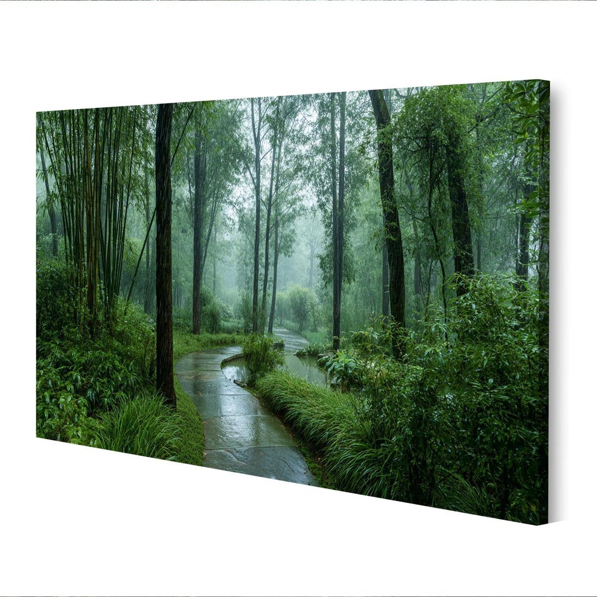Canvas afbeelding bosweg - Wanddecoratie natuur Poster regen - Woonkamer decoreren - Echt canvas Houtvezelplaat - 100 x 57 cm