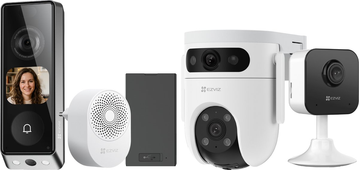 EZVIZ EP8 Ultra + H1C + H9C Dual 2K – Slimme Beveiligingscamera Set – Videodeurbel, Binnen- & Buitencamera – WiFi – Nachtzicht & Bewegingsdetectie
