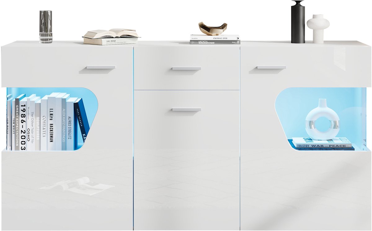 Wishdor Dressoir - 140 cm - 3 deuren - lade - LED-verlichting - hoogglans wit - MDF - veiligheidsglas - woonkamer - 140 x 33 x 70 cm
