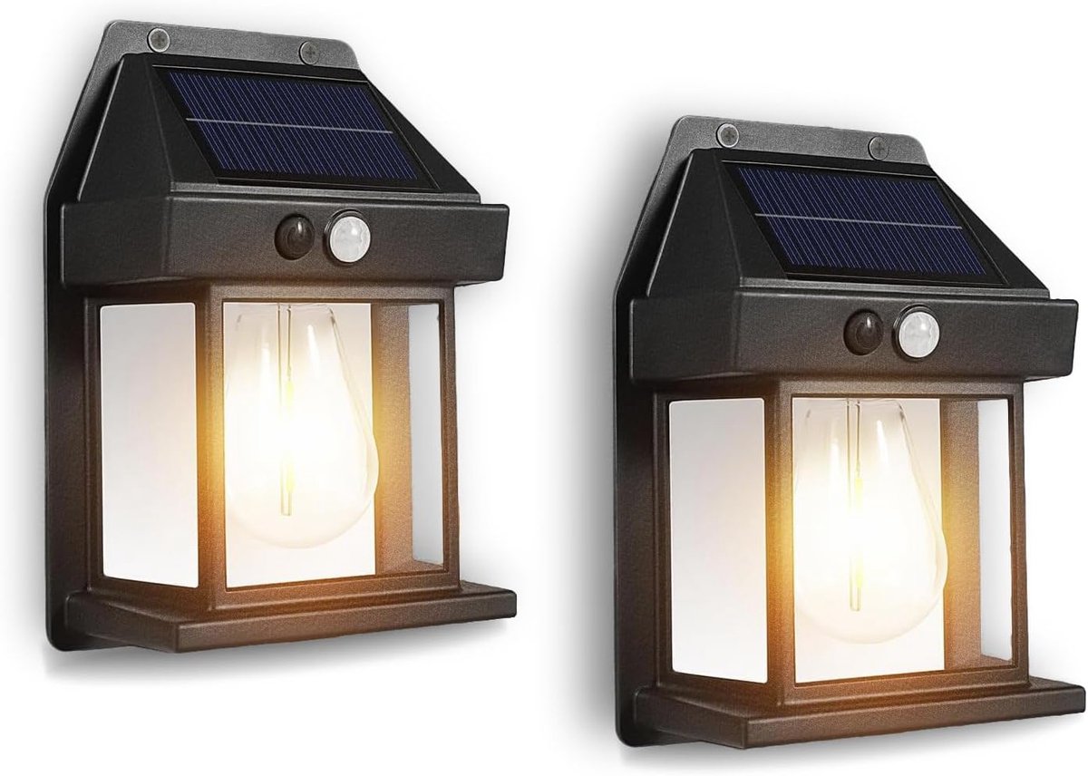 Buitenwandlamp op zonne-energie, set van 2, IP65 waterdicht, met bewegingssensor en 3 standen, 1200mAh batterij - geschikt voor tuin, terras en veranda als beveiligingsverlichting op zonne-energie (warm wit licht).