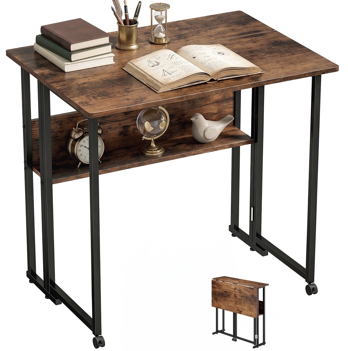Opklapbaar bureau met opbergvak - 80 cm opklapbare tafel voor kleine ruimtes - kantoor - rustiek bruin