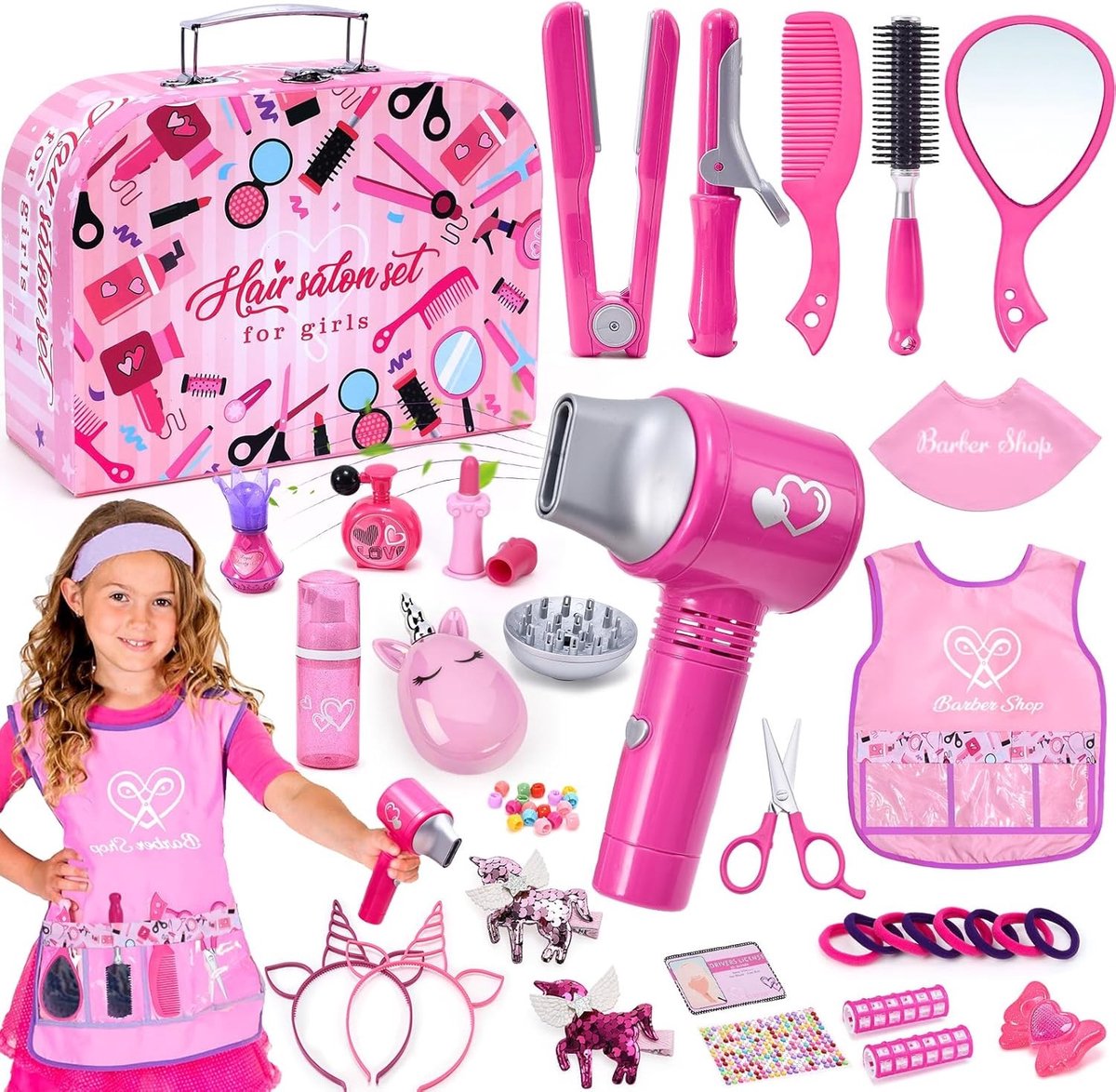 Make-upkoffer voor meisjes - Roze - 46-delig - Speelgoed kappersset met haardroger en accessoires - Voor kinderen vanaf 3 jaar