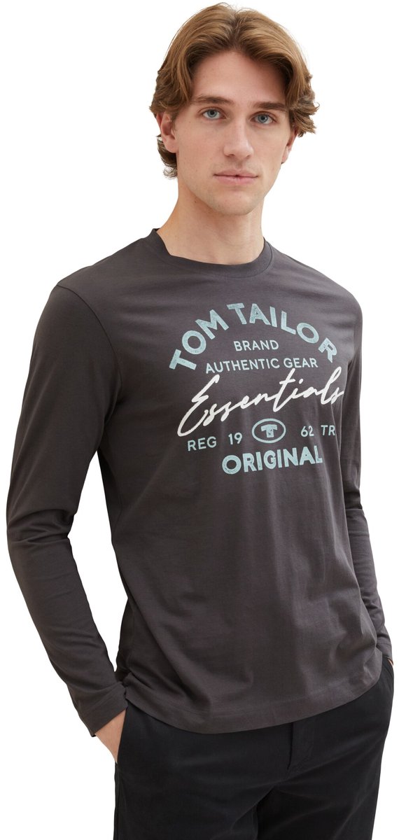 Tom Tailor - T-shirt met lange mouwen en logo-print - Maat XXL - Dark Shadow