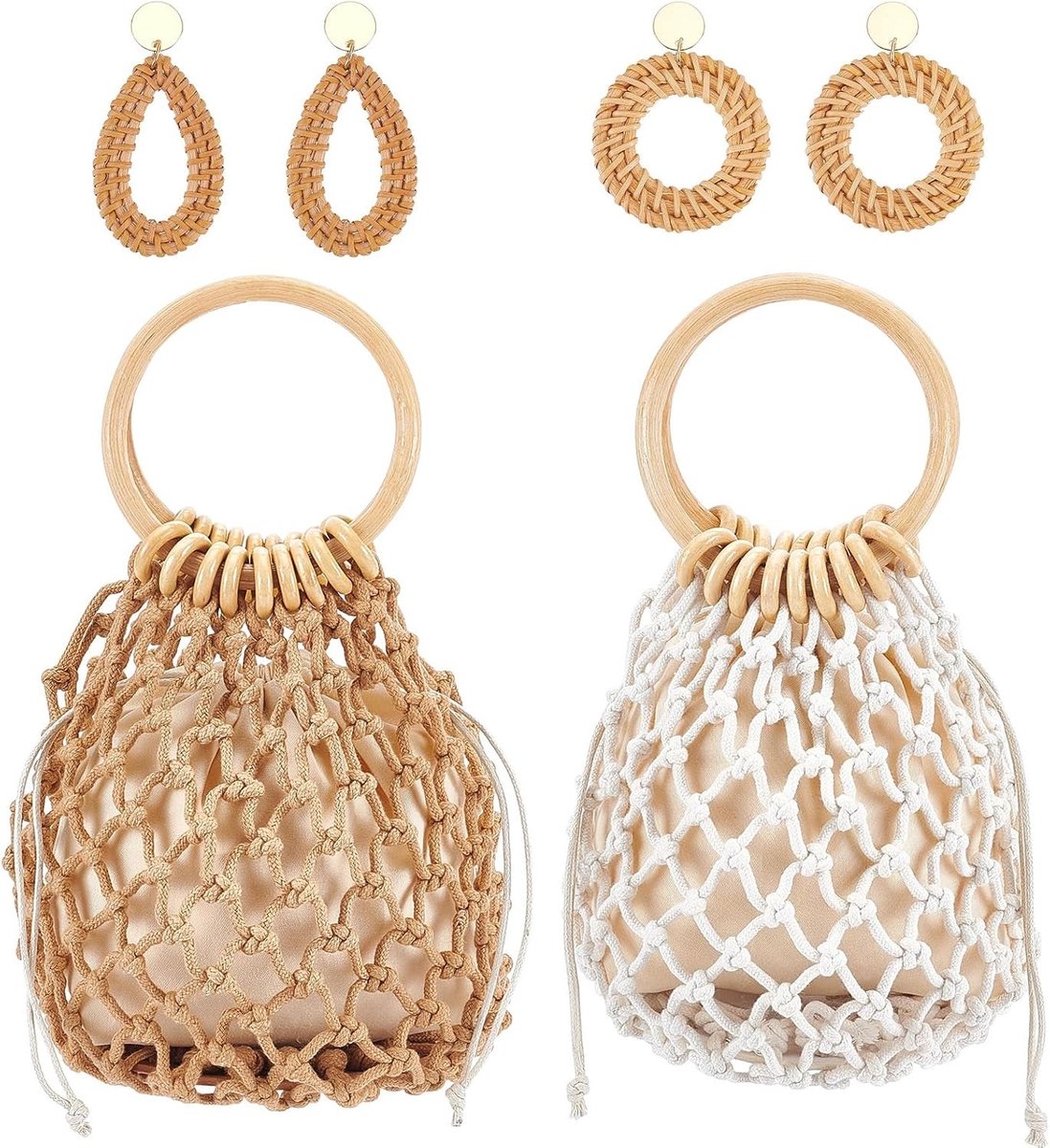 Mini clutch draagtas set van 2, Boheemse geweven handtas en rotan oorbellen voor zomerreizen, strand en festivals, 2 kleuren beschikbaar