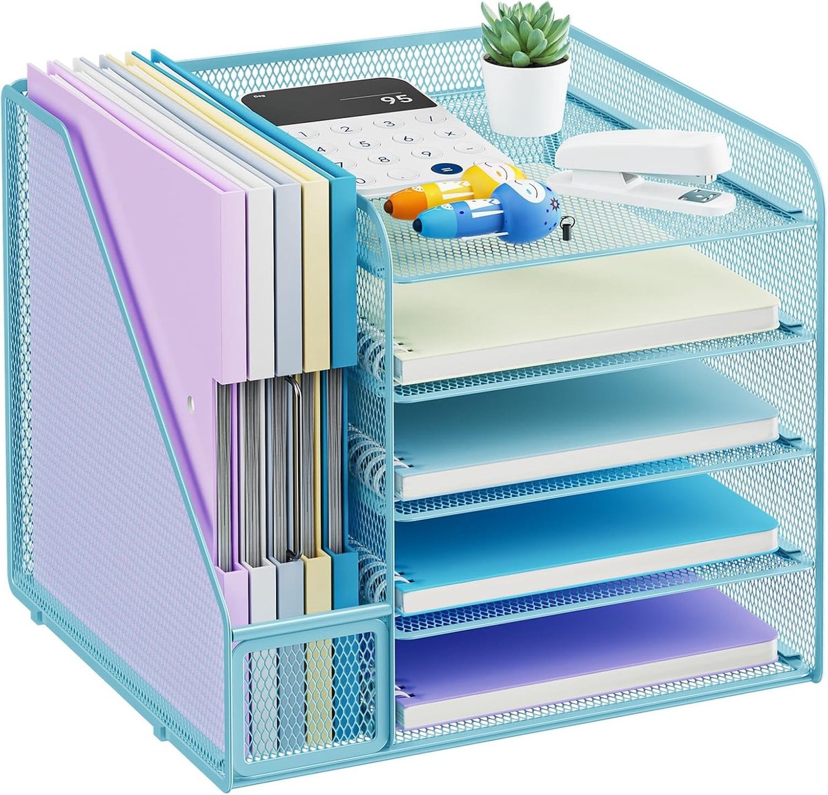Desk Organiser voor Kantoor, 5-Lagen Paper Letter Tray, Mesh Desktop Organizer, Bureau Accessoires en Kantoorbenodigdheden (Blauw)