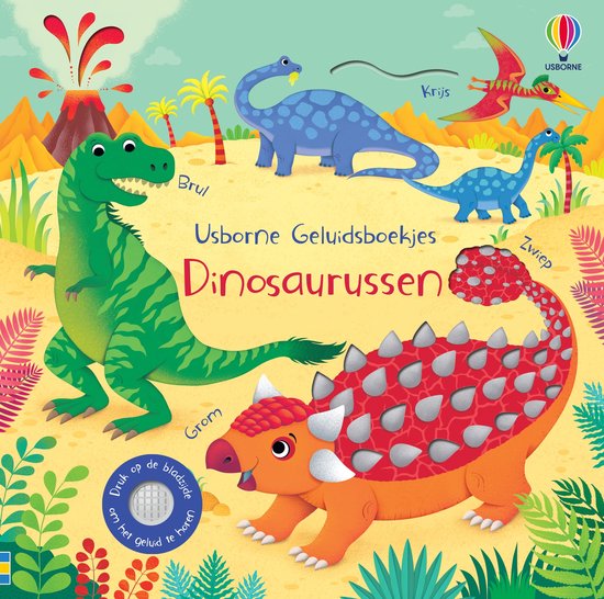 Livre avec un T-Rex, un Brontosaure, un Triceratops et un Ptérodactyle, avec texte et instructions sonores. Fond volcanique.