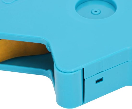 Onderste hoek van een blauwe tape-applicator met een gleuf voor de rol.