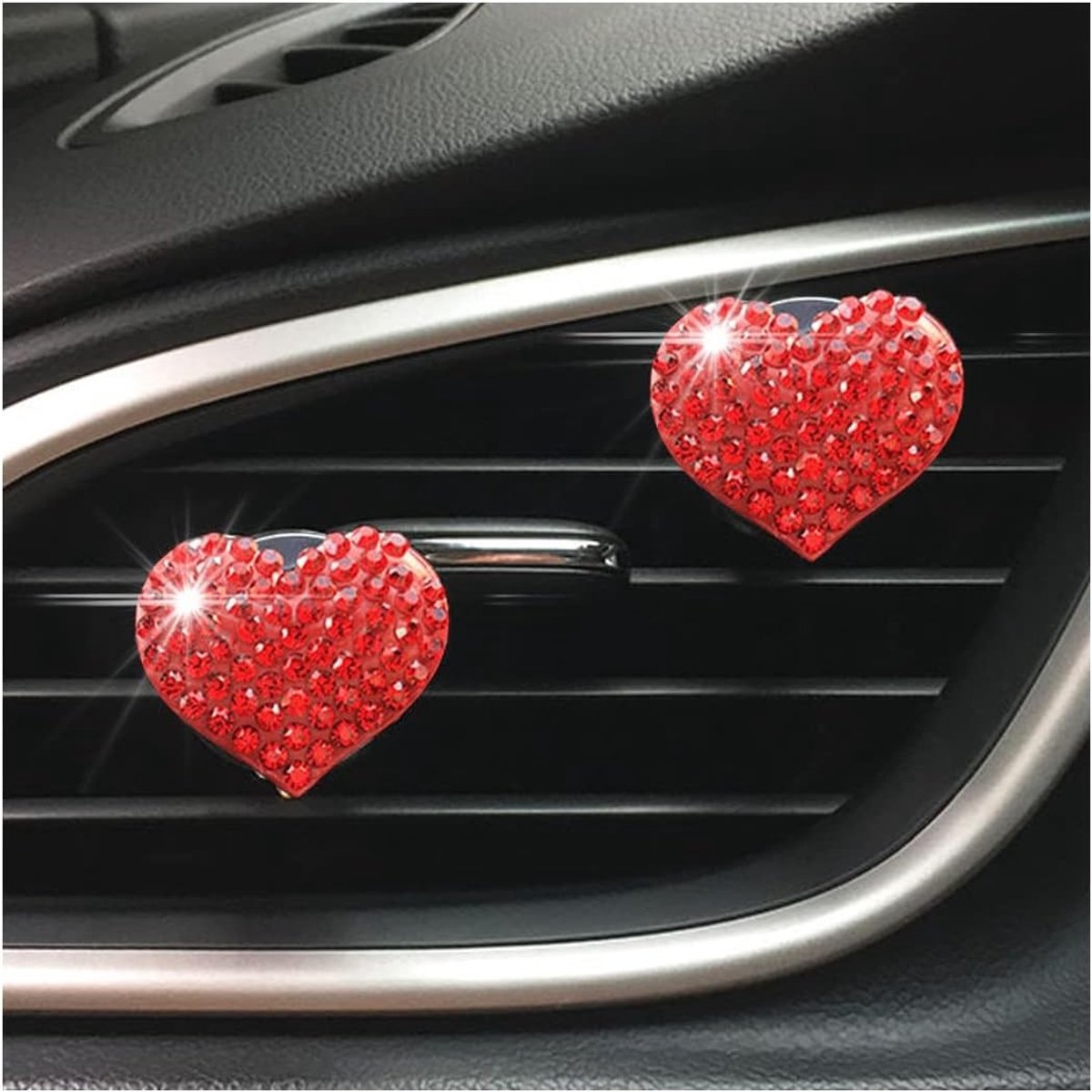 2 Stuks Auto Ventilatie Clip in Hartvorm, Decoratieve Luchtverfrisser en Aromatherapie Clips met Bling Rhinestones voor Meisjes en Vrouwen (Rood)