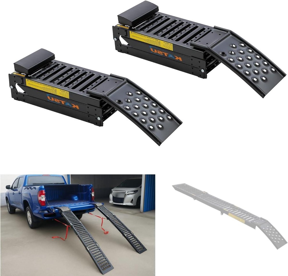 2-in-1 Opvouwbare Stalen Ramps - Dubbele Laadrampen - Voertuigen Laden - Zelfnivellerend - 200 x 23 x 5cm - Zwart