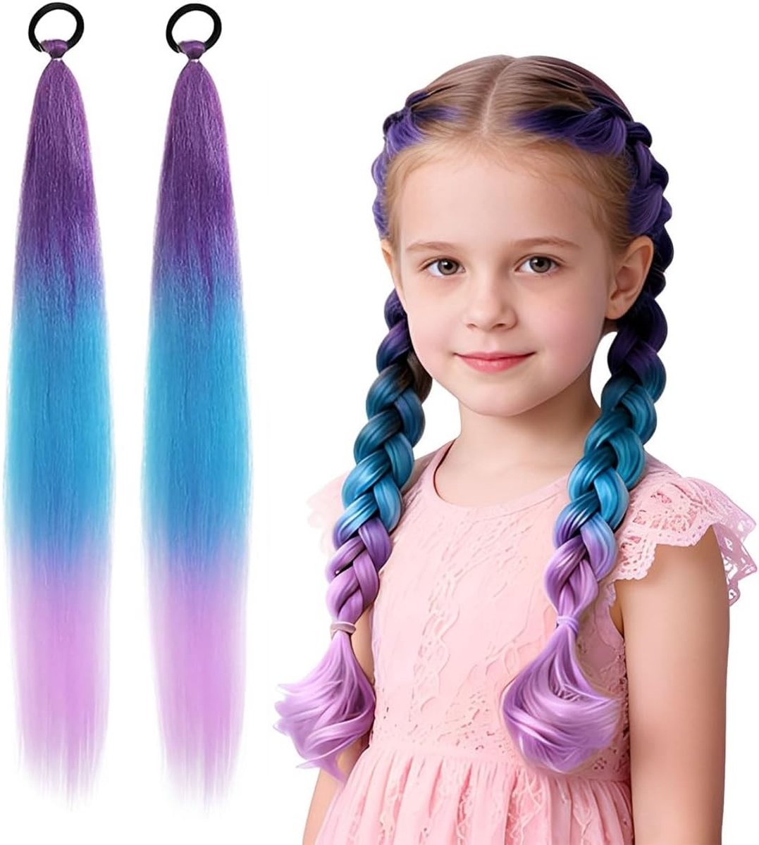 Kleurige haarstrengen met clip voor kinderen en meisjes, 2 stuks, 45 cm lang, perfect voor feestjes, festivals en kostuums