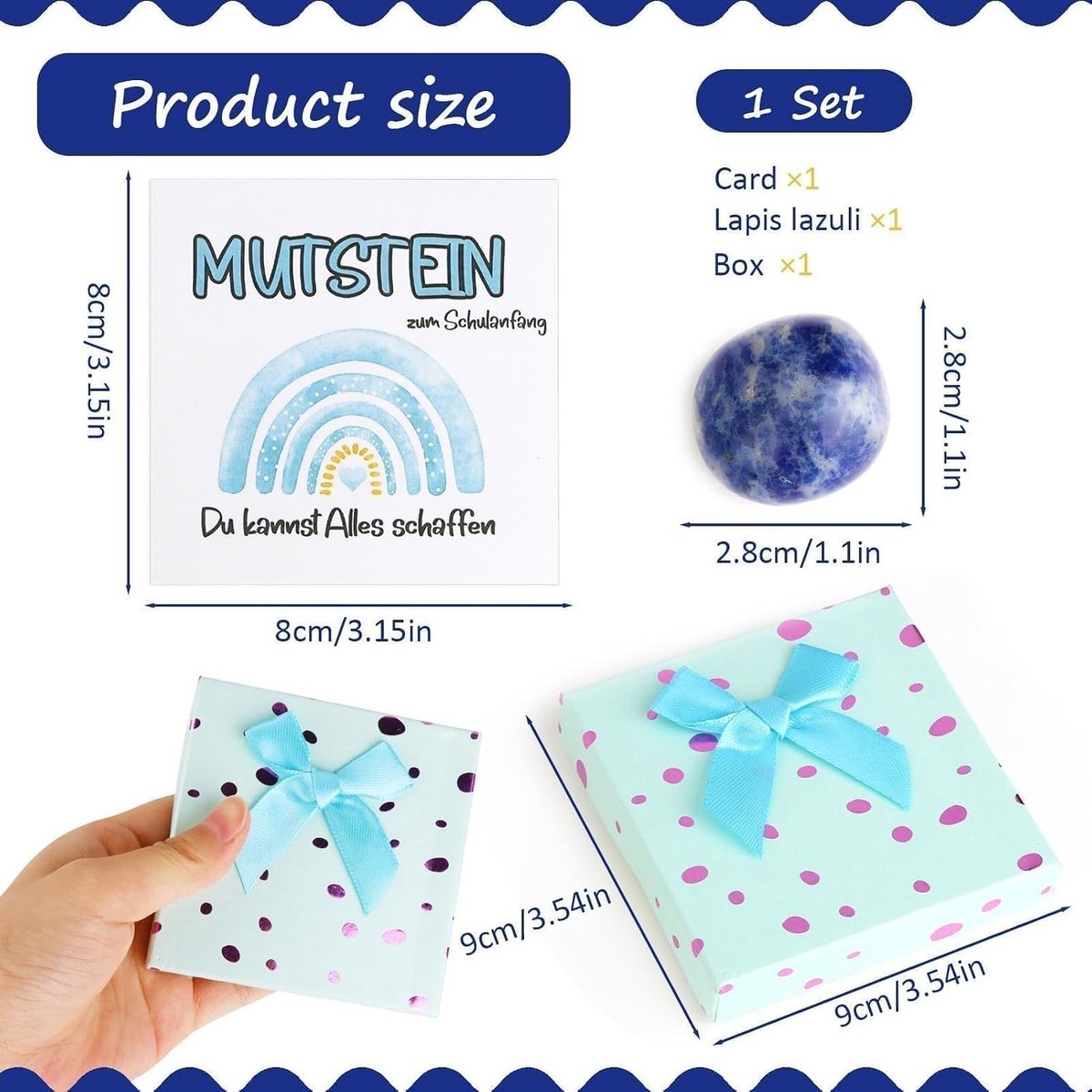 Geluksstenen voor Kinderen, Eerste School Cadeau met Groetenkaart en Cadeaubox, Blauw, Gelukssymbool, Eerste Schooldag, Moedersteen