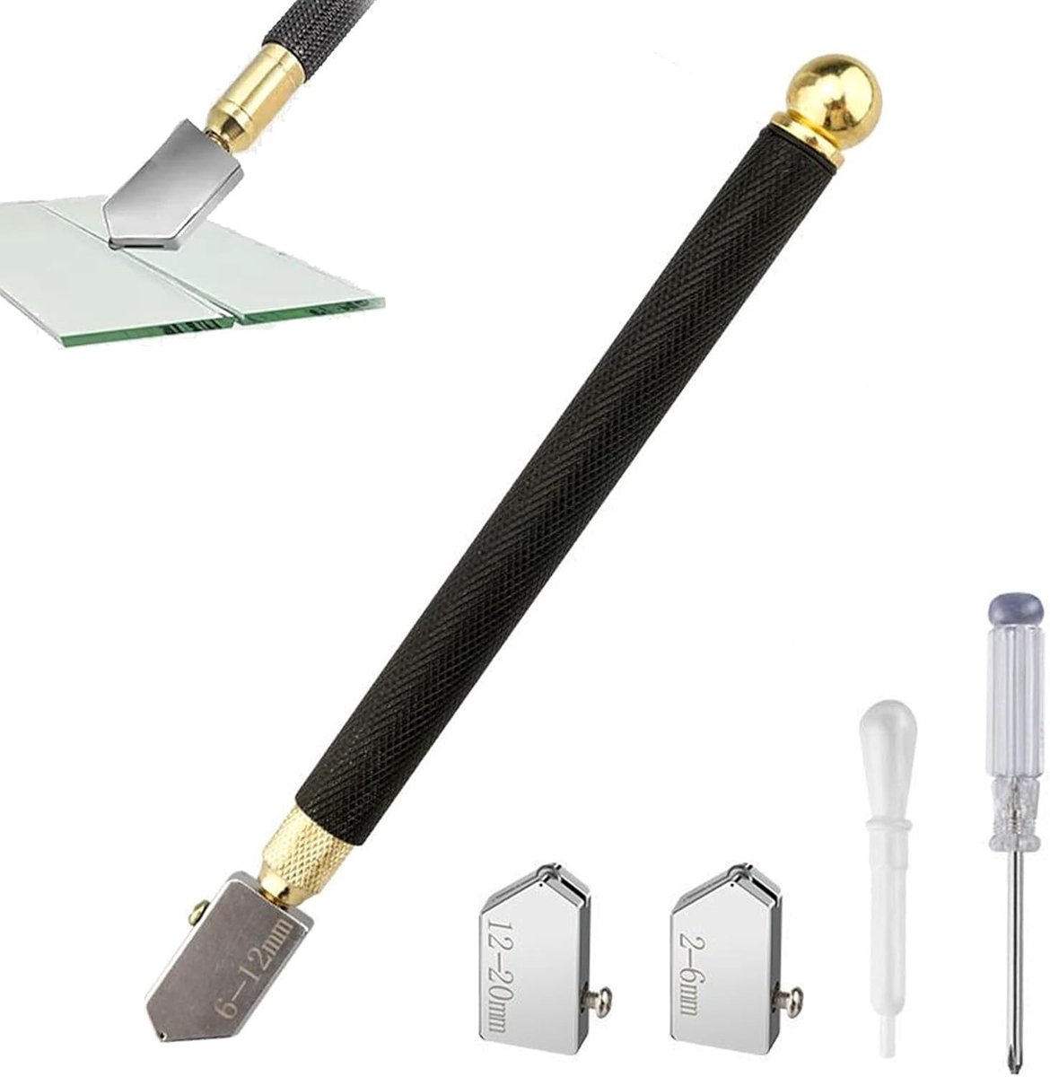 Professionele glassnijdersset - Lichtmetaal - 2-20 mm Snijkoppen - Antislip Handgreep - Voor Glas, Spiegels en Tegels