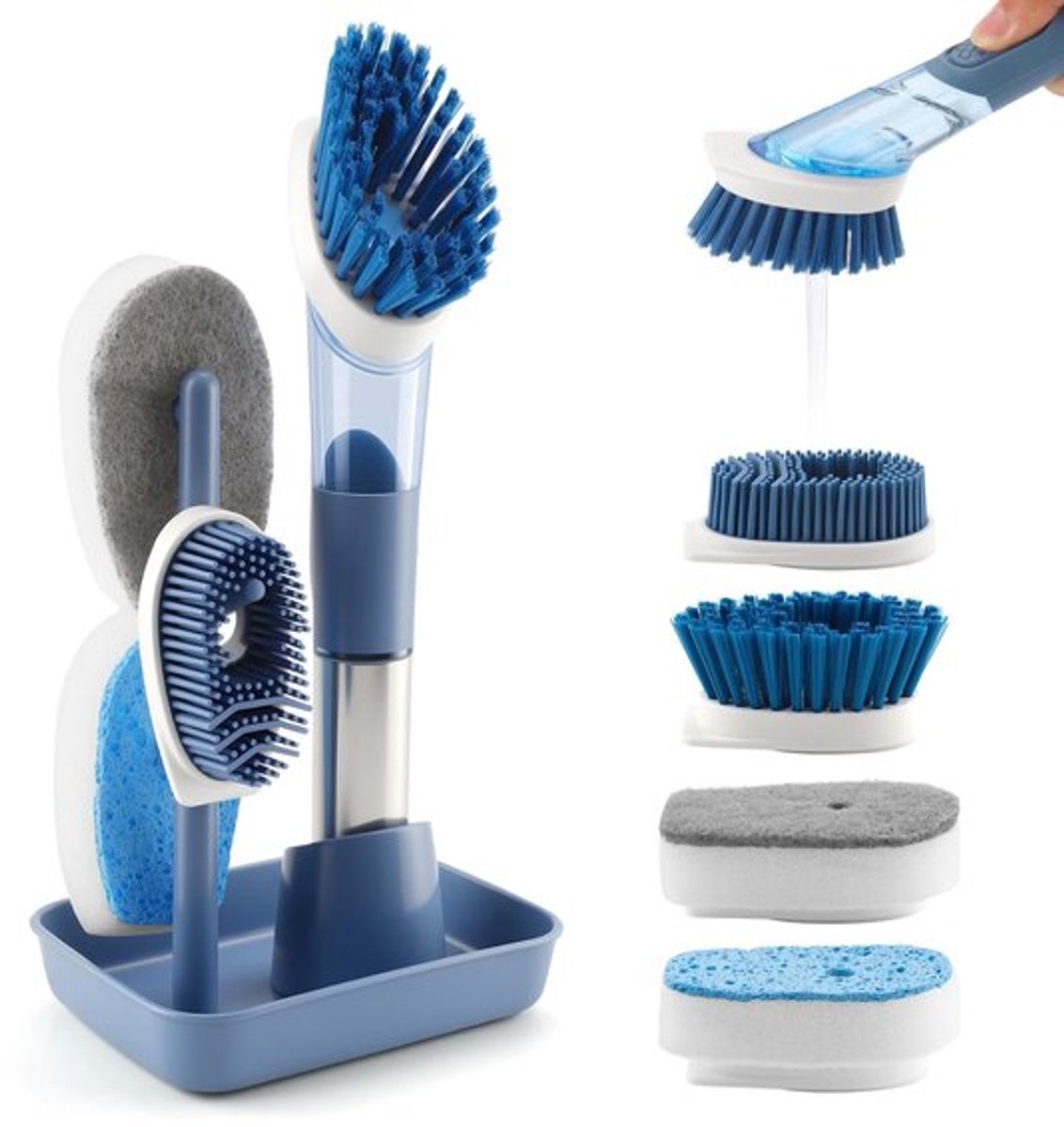 Afwasborstel Navulbaar - Schoonmaakborstel Set 4 Borstelkoppen - Keukenborstel 28,5 cm - Roestvrijstalen Handgreep - Vloeistofdispenser
