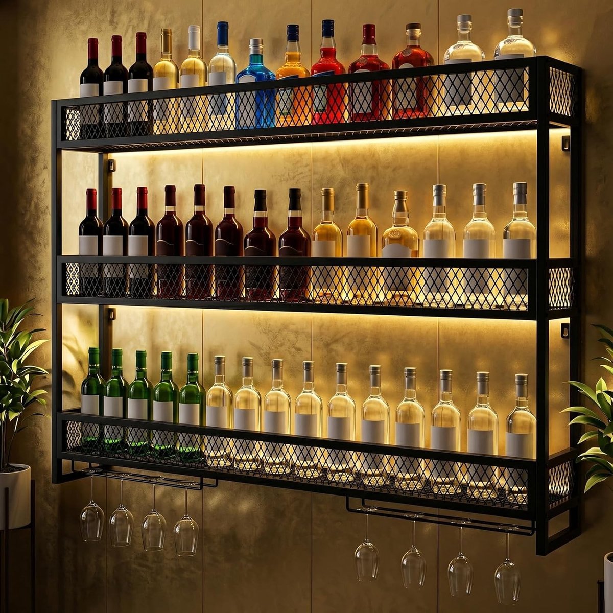 Ophangrek voor wijnglazen - Zwart - 100 x 15 x 90 cm - Metalen wijnrek met LED-verlichting - Voor thuis en horeca