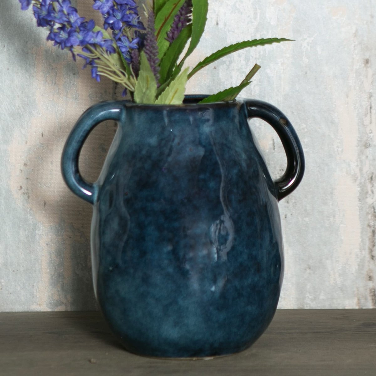 Vaas met handgrepen - blauwe keramische afwerking - moderne boerderij stijl - perfect voor bloemenarrangementen - ShopVlot