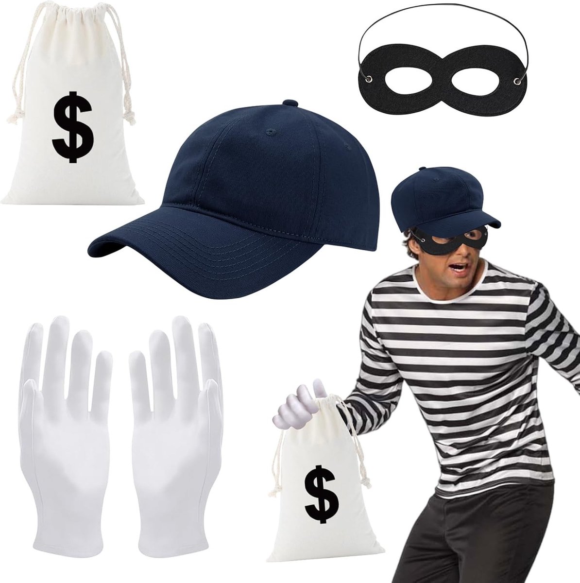 4-delig kostuum voor bankovervallers met masker, pet, handschoenen en geldzak - perfect voor kinderen en volwassenen, ideaal voor cosplay en themafeesten